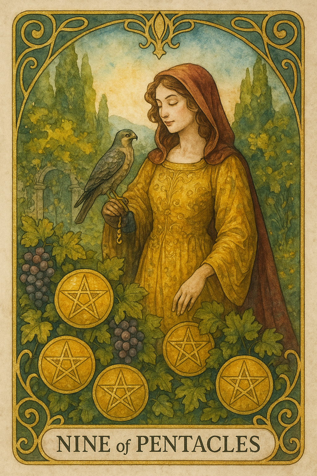 Nine of Pentacles Tarot Card